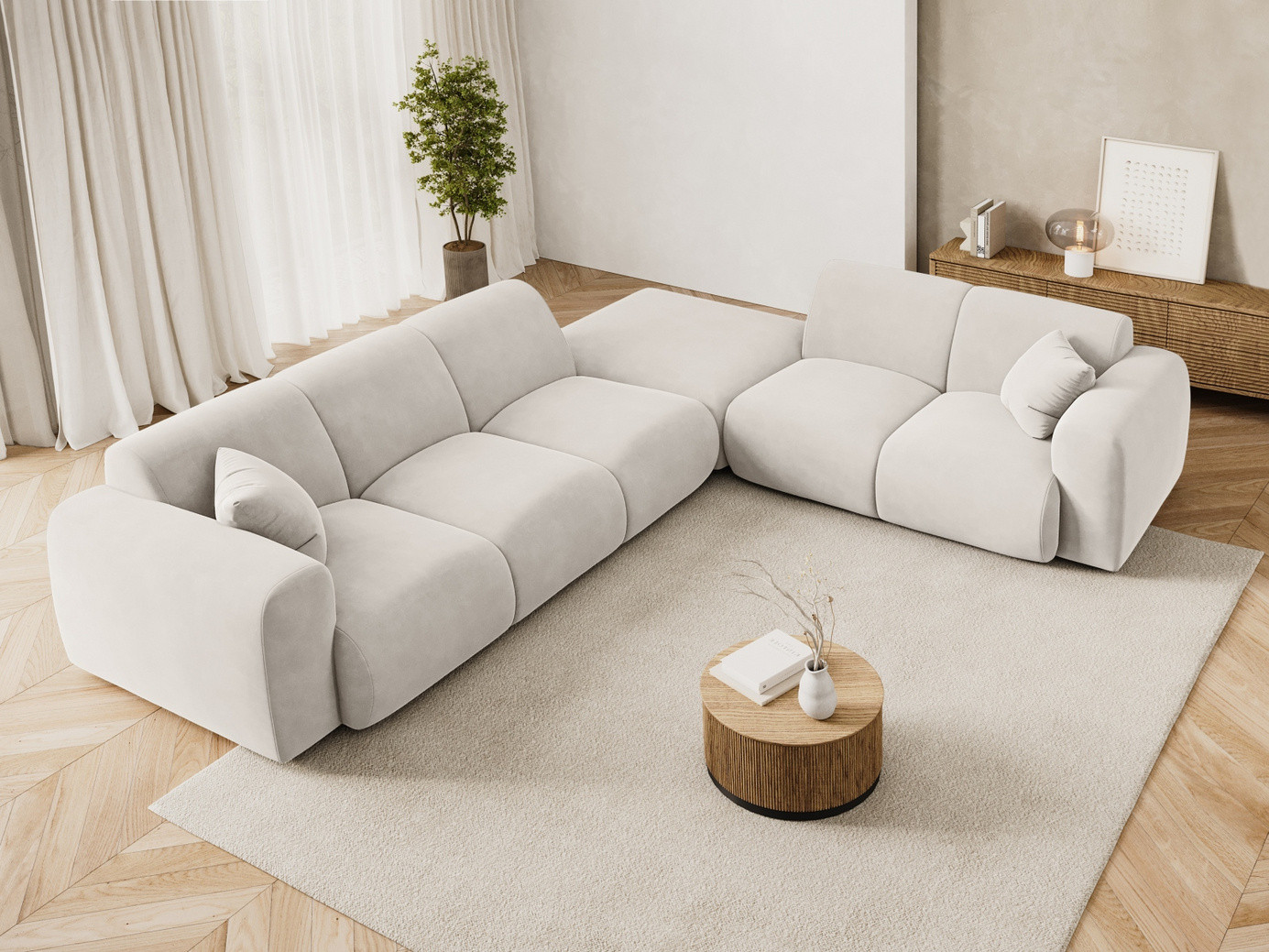 Cosmopolitan Design høyrevendt fløyelshjørnesofa, "Nolio", 4-seter, 315 × 250 × 72 cm, Casino, svarte plastben