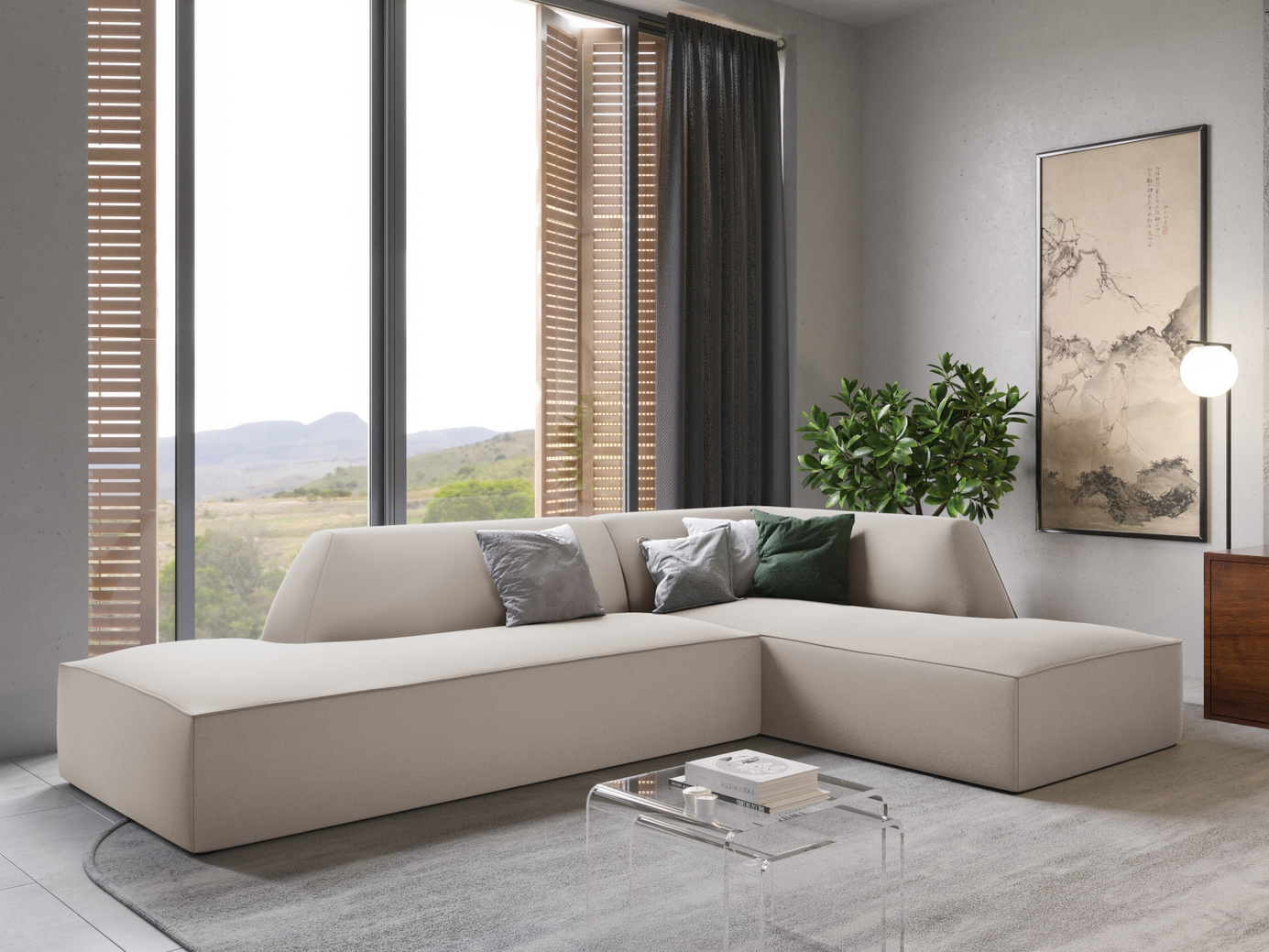 Cosmopolitan Design høyrevendt fløyelsmodulhjørnesofa, "Siena", 4-seter, 273 × 180 × 69 cm, Salvador, svarte plastben, Variant RCO_44