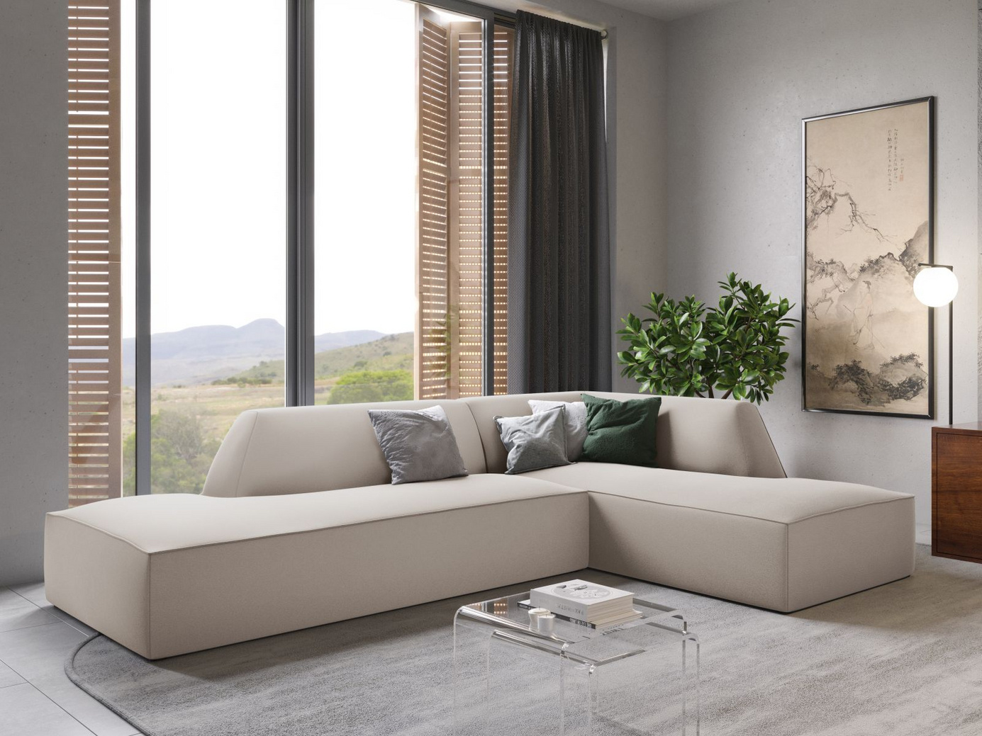 Cosmopolitan Design høyrevendt fløyelsmodulhjørnesofa, "Siena", 4-seter, 273 × 180 × 69 cm, Salvador, svarte plastben, Variant RCO_44