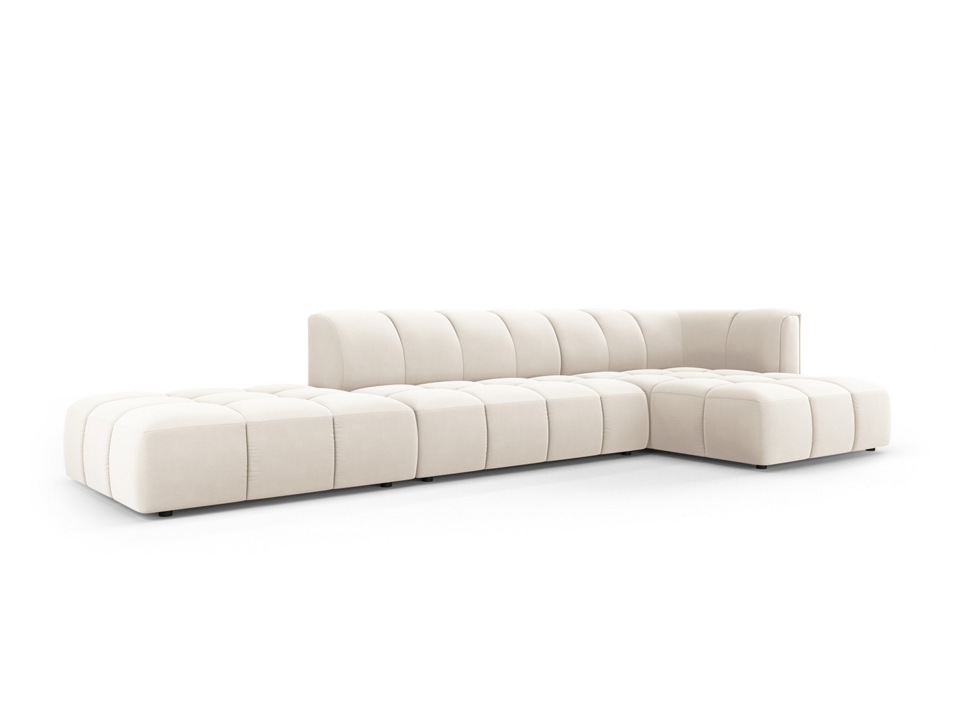 Cosmopolitan Design høyrevendt fløyelsmodulhjørnesofa, "Moritz", 5-seter, 323 × 160 × 70 cm, Bluvel, svarte plastben