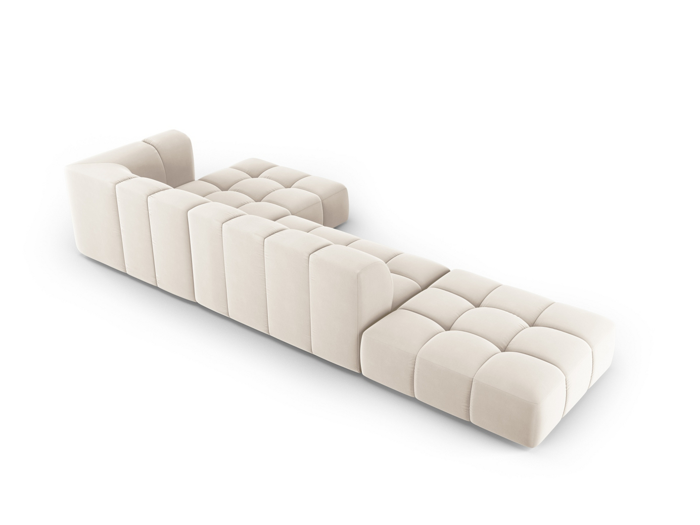 Cosmopolitan Design høyrevendt fløyelsmodulhjørnesofa, "Moritz", 5-seter, 323 × 160 × 70 cm, Bluvel, svarte plastben