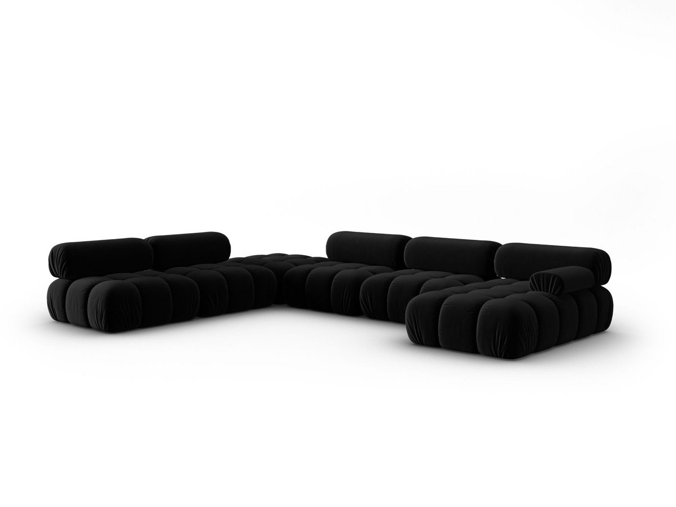 Cosmopolitan Design venstrevendt fløyelspanoramamodulhjørnesofa, "Cortina", 7-seter, 376 × 282 × 70 cm, Bluvel, svarte plastben