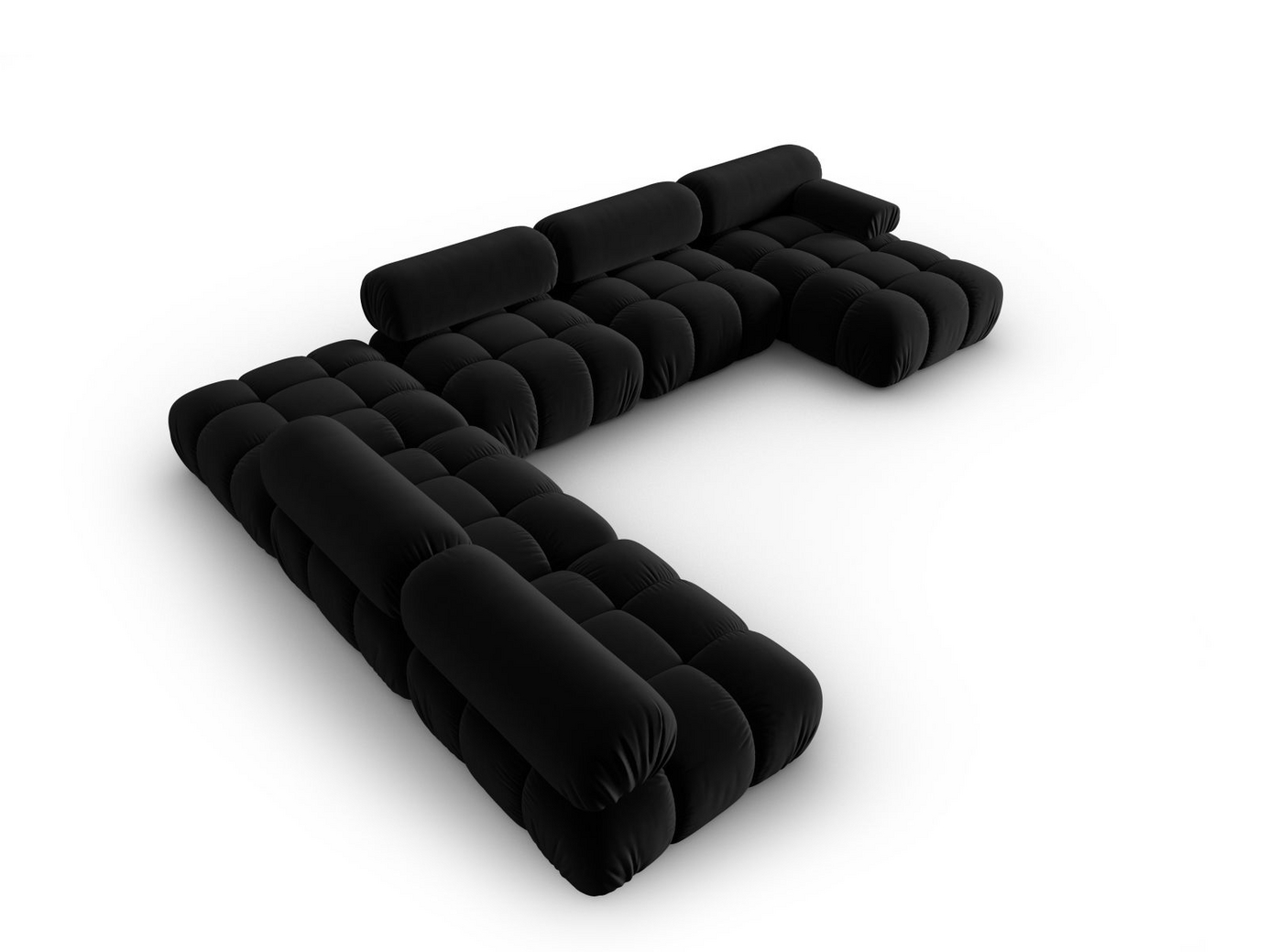 Cosmopolitan Design venstrevendt fløyelspanoramamodulhjørnesofa, "Cortina", 7-seter, 376 × 282 × 70 cm, Bluvel, svarte plastben