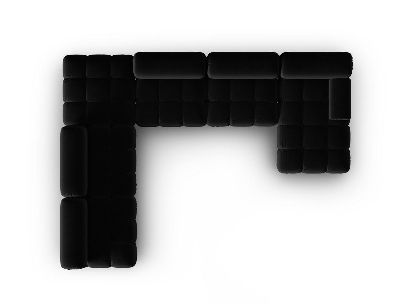 Cosmopolitan Design venstrevendt fløyelspanoramamodulhjørnesofa, "Cortina", 7-seter, 376 × 282 × 70 cm, Bluvel, svarte plastben