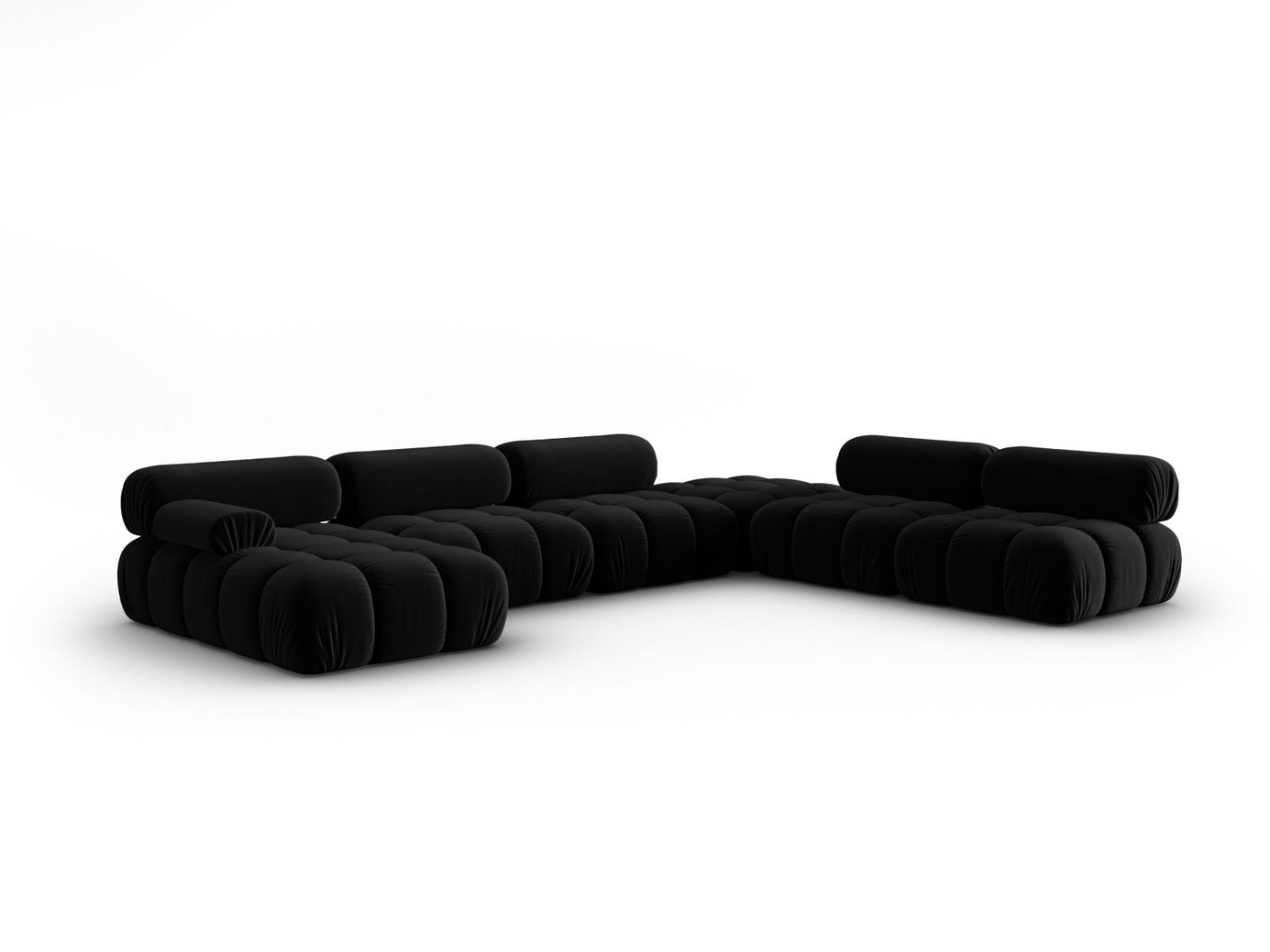 Cosmopolitan Design høyrevendt fløyelspanoramamodulhjørnesofa, "Cortina", 7-seter, 376 × 282 × 70 cm, Bluvel, svarte plastben