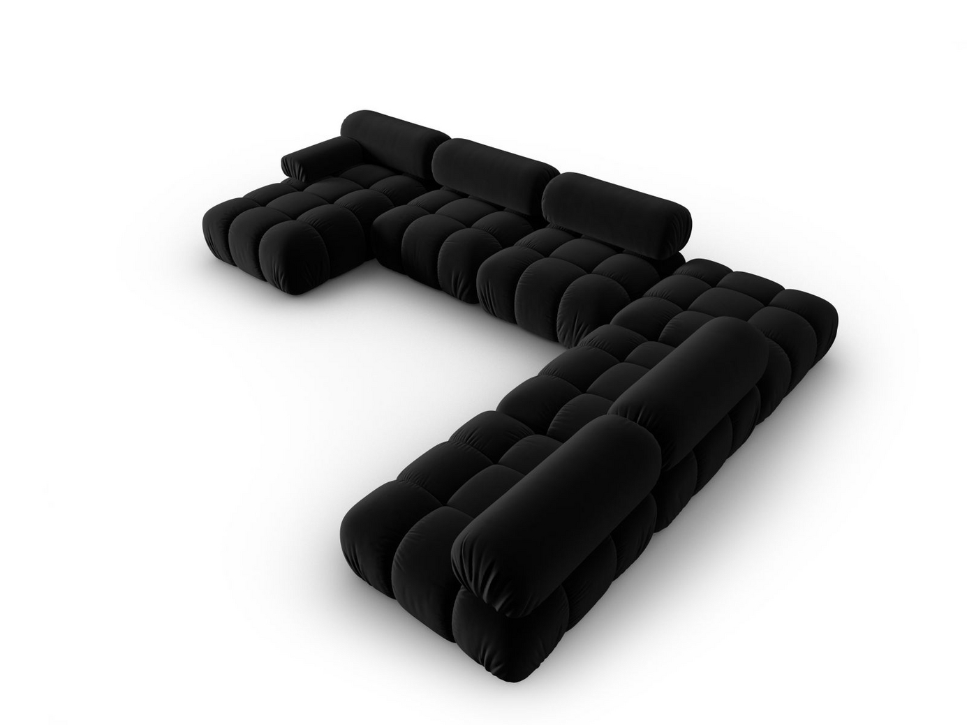 Cosmopolitan Design høyrevendt fløyelspanoramamodulhjørnesofa, "Cortina", 7-seter, 376 × 282 × 70 cm, Bluvel, svarte plastben