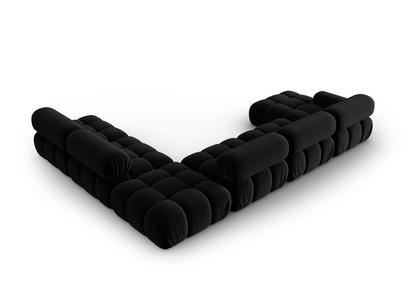 Cosmopolitan Design høyrevendt fløyelspanoramamodulhjørnesofa, "Cortina", 7-seter, 376 × 282 × 70 cm, Bluvel, svarte plastben