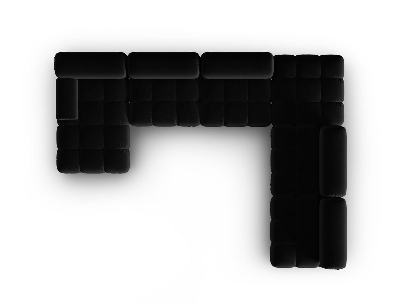 Cosmopolitan Design høyrevendt fløyelspanoramamodulhjørnesofa, "Cortina", 7-seter, 376 × 282 × 70 cm, Bluvel, svarte plastben