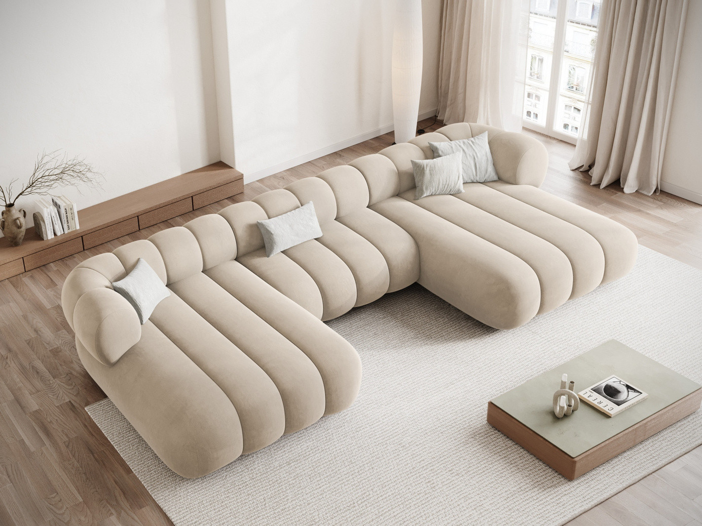 Cosmopolitan Design fløyelspanoramasofa, "Koge", 6-seter, 348 × 165 × 70 cm, Vogue, svarte plastben