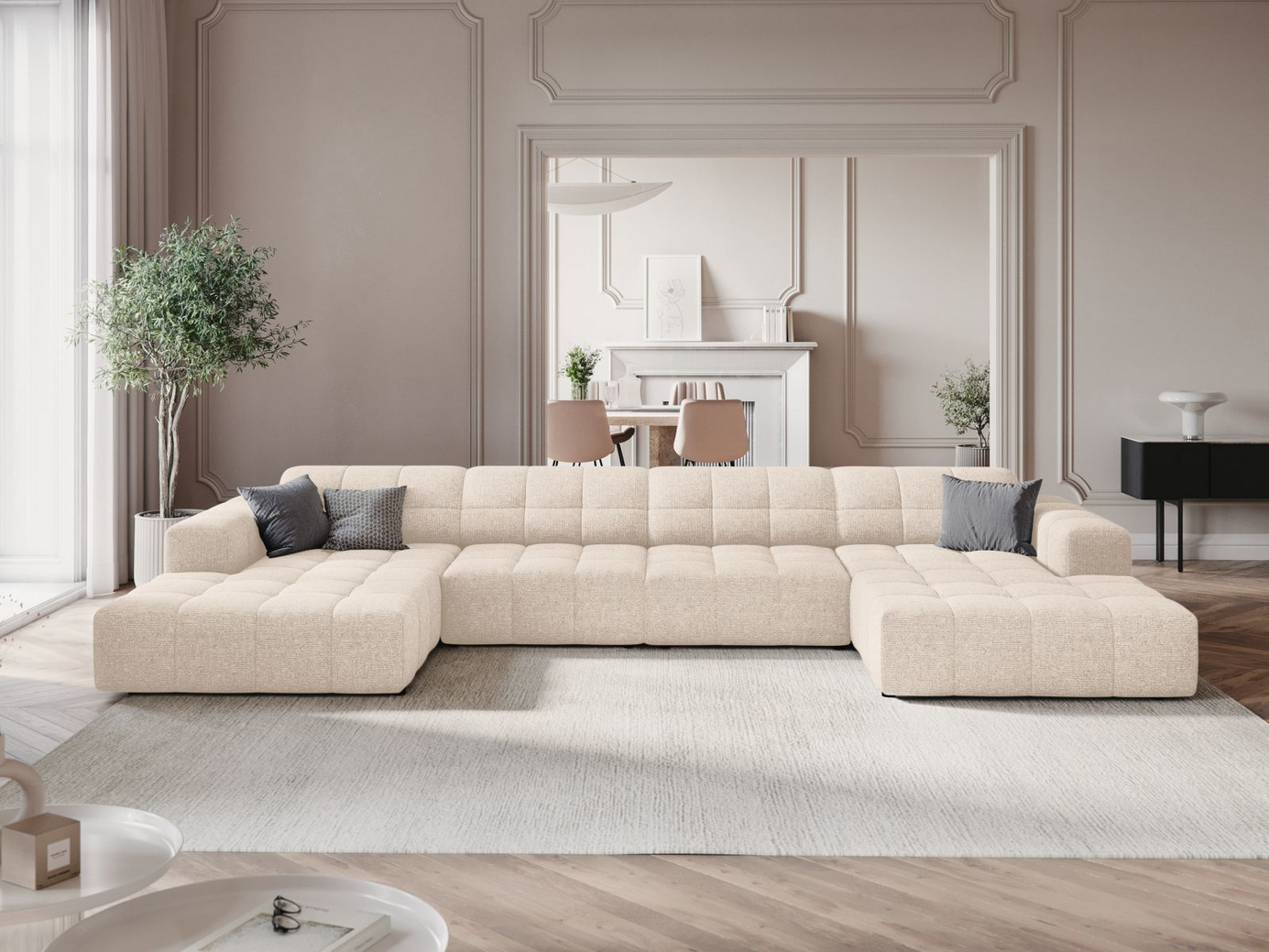 Cosmopolitan Design panoramasofa, "Chicago", 6-seter, 375 × 167 × 78 cm, Haga, svarte plastben