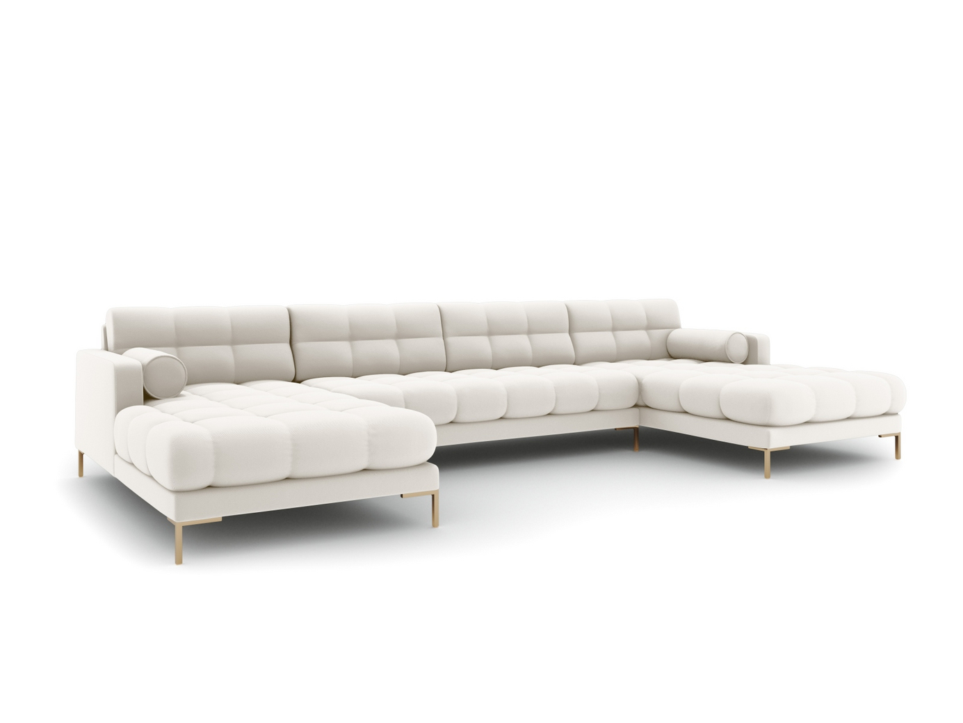 Cosmopolitan Design panoramasofa, "Bali", 7-seter, 383 × 185 × 75 cm, Neve, gullfargede metallben