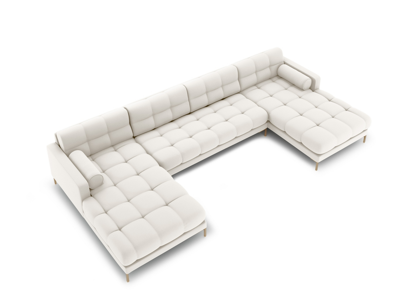Cosmopolitan Design panoramasofa, "Bali", 7-seter, 383 × 185 × 75 cm, Neve, gullfargede metallben
