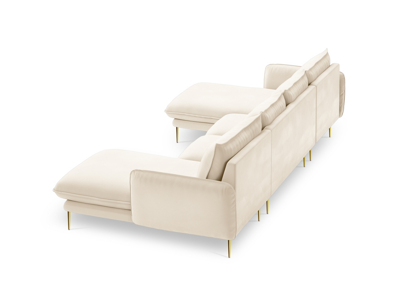Cosmopolitan Design fløyelspanoramasofa, "Vienna", 6-seter, 350 × 170 × 95 cm, Bluvel, gullfargede metallben
