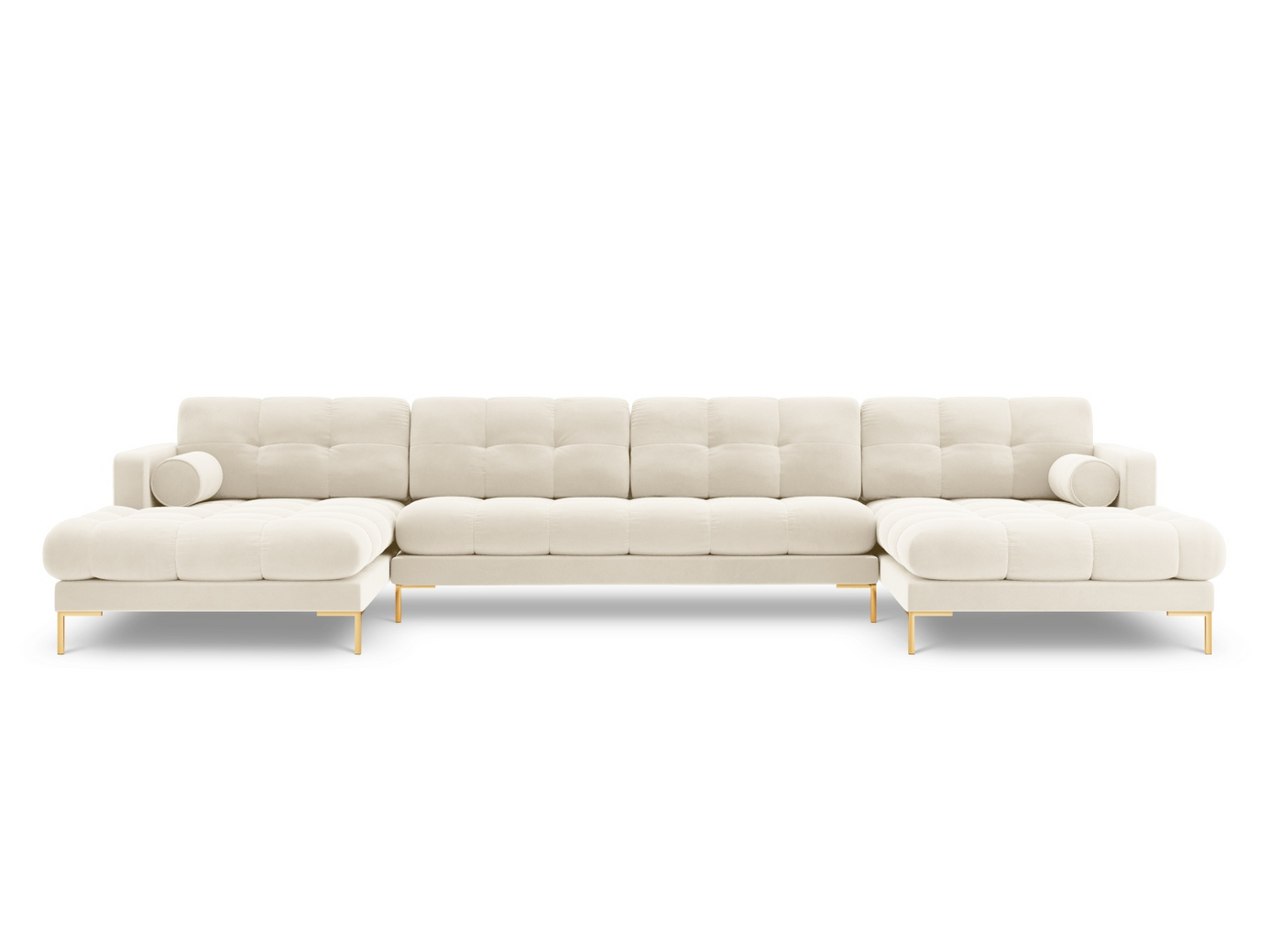 Cosmopolitan Design fløyelspanoramasofa, "Bali", 7-seter, 383 × 185 × 75 cm, Bluvel, gullfargede metallben