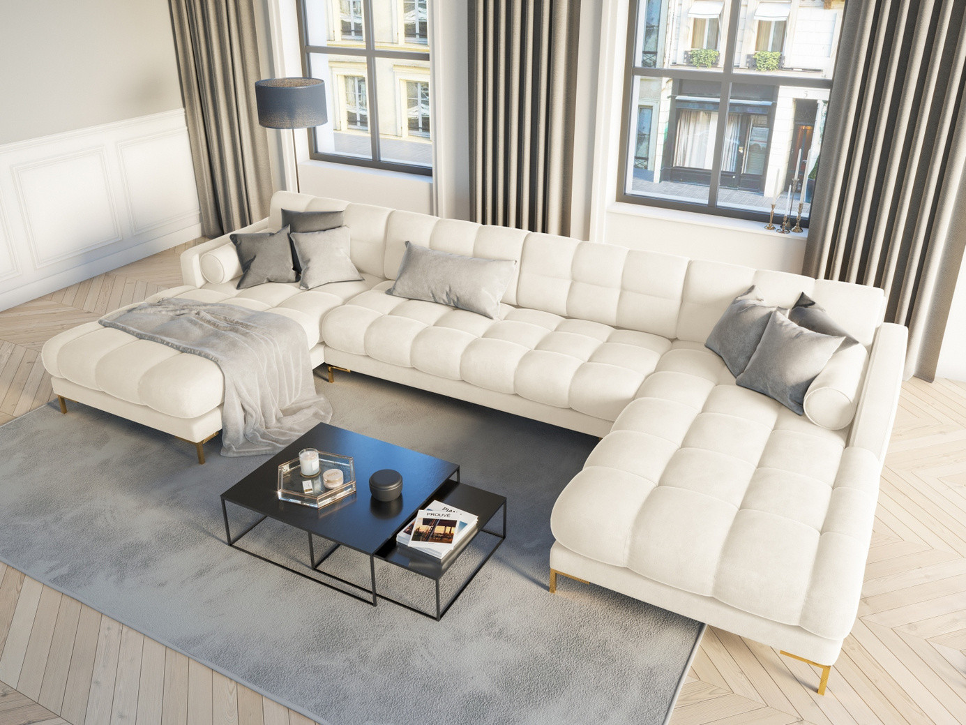 Cosmopolitan Design fløyelspanoramasofa, "Bali", 7-seter, 383 × 185 × 75 cm, Bluvel, gullfargede metallben