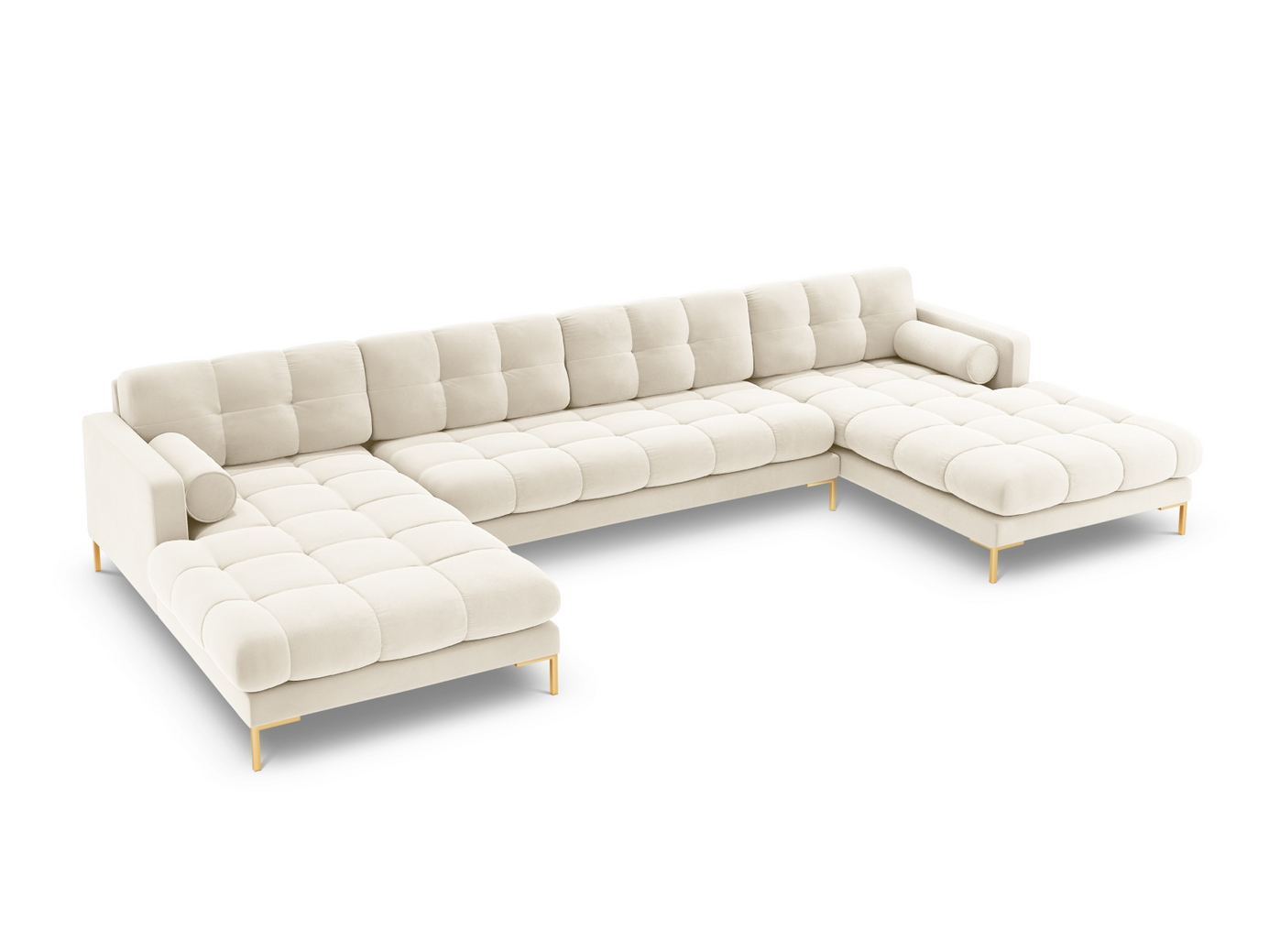 Cosmopolitan Design fløyelspanoramasofa, "Bali", 7-seter, 383 × 185 × 75 cm, Bluvel, gullfargede metallben