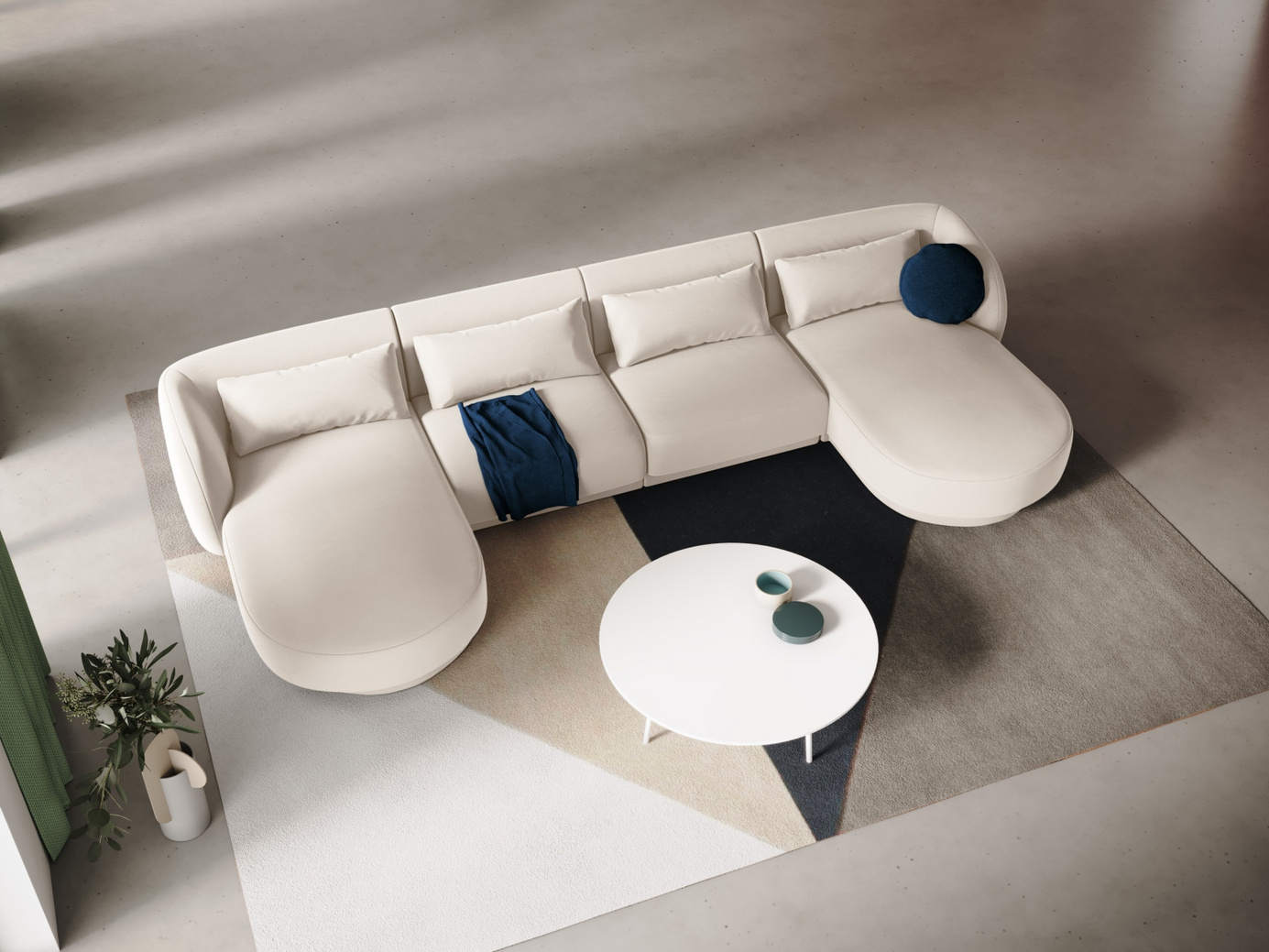 Cosmopolitan Design fløyelspanoramasofa, "Tulum", 5-seter, 330 × 156 × 70 cm, Bluvel, svarte plastben