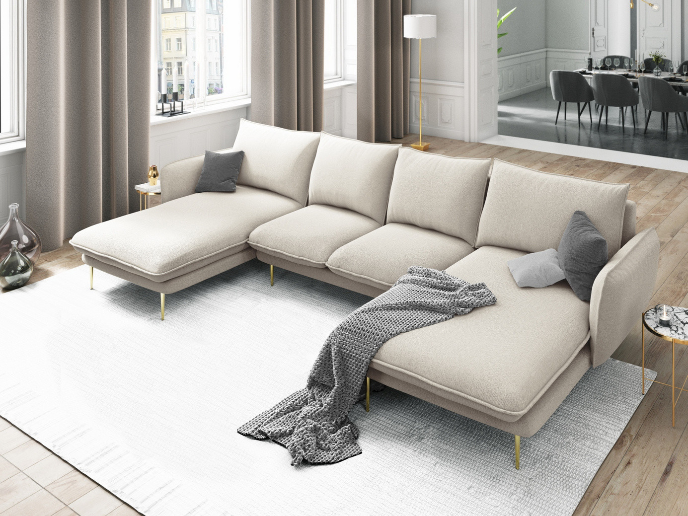 Cosmopolitan Design panoramasofa, "Vienna", 6-seter, 350 × 170 × 95 cm, Positano, gullfargede metallben