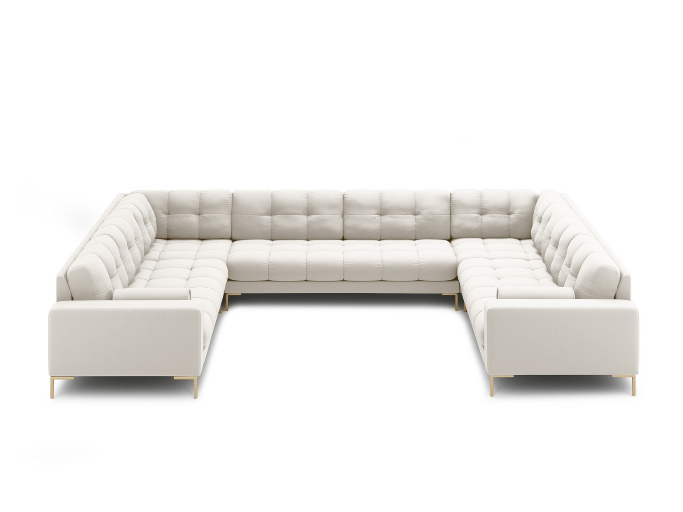 Cosmopolitan Design panoramasofa, "Bali", 9-seter, 327 × 256 × 75 cm, Neve, gullfargede metallben