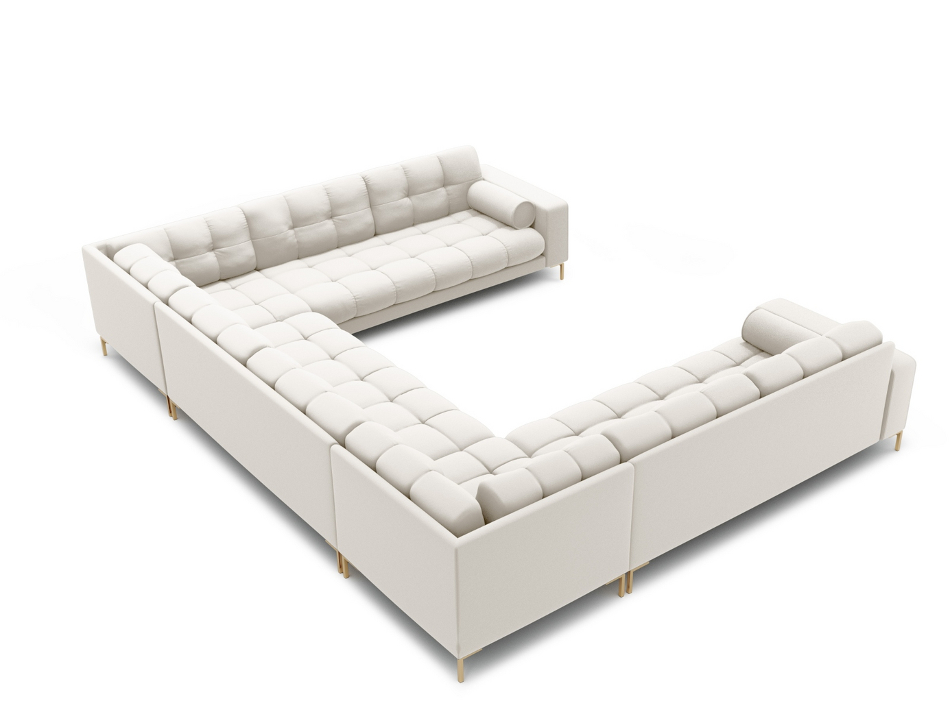 Cosmopolitan Design panoramasofa, "Bali", 9-seter, 327 × 256 × 75 cm, Neve, gullfargede metallben