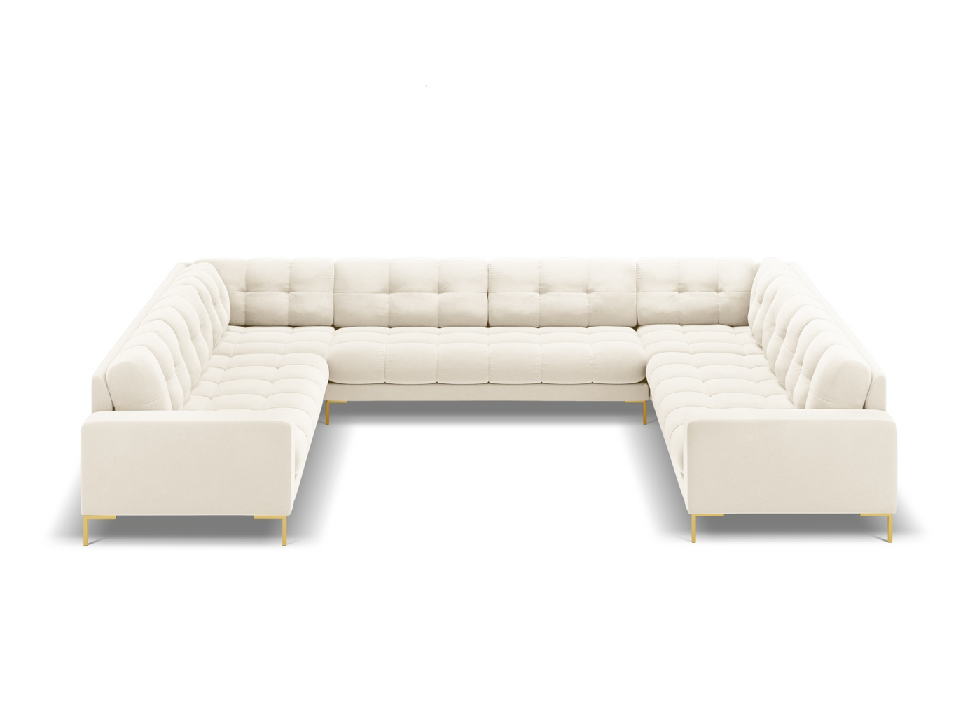 Cosmopolitan Design fløyelspanoramasofa, "Bali", 9-seter, 327 × 256 × 75 cm, Bluvel, gullfargede metallben