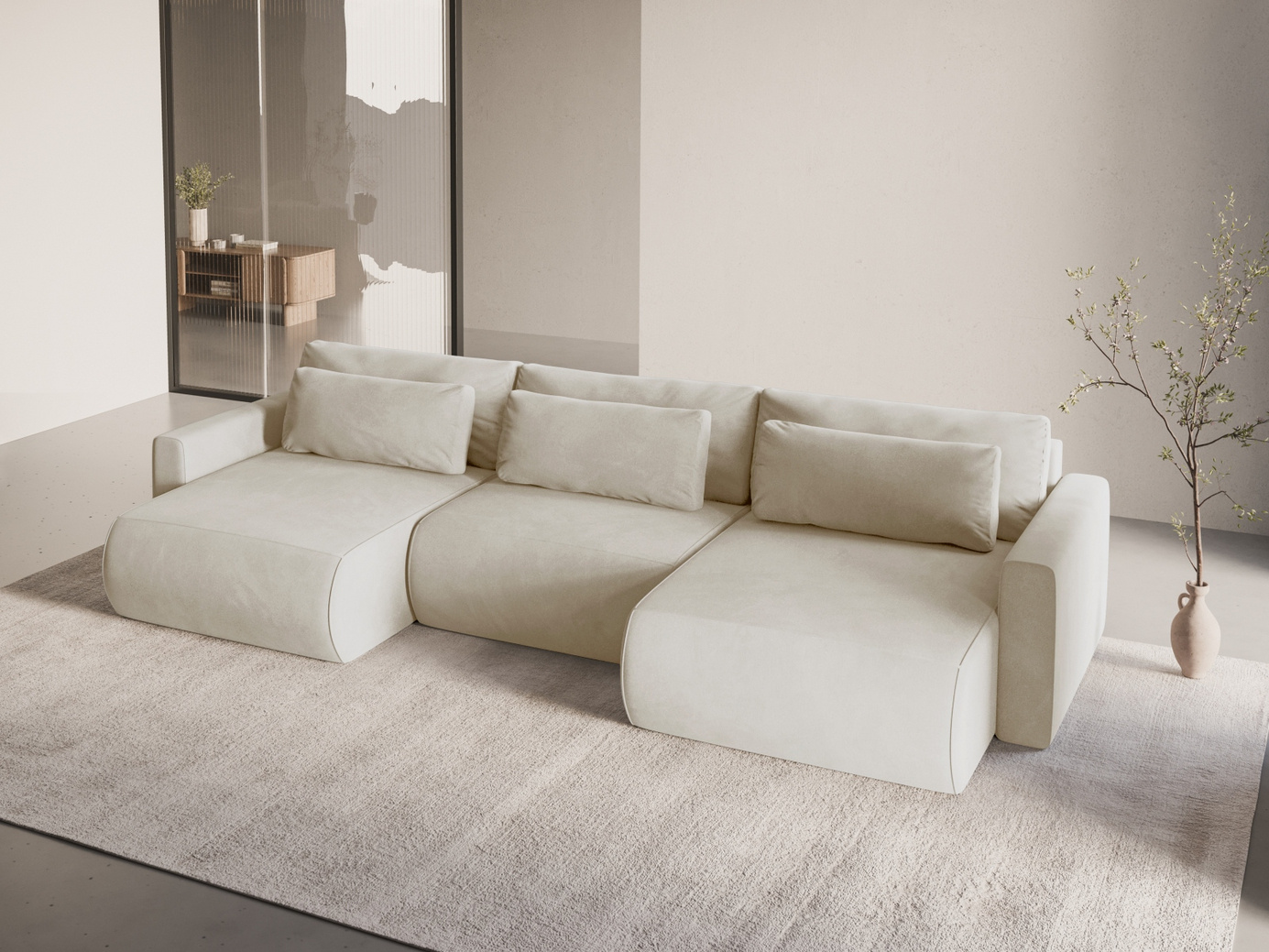 Cosmopolitan Design fløyelspanoramasovesofa med oppbevaring, "Belfast", 4-seter, 340 × 149 × 84 cm, Magic Velvet, svarte plastben