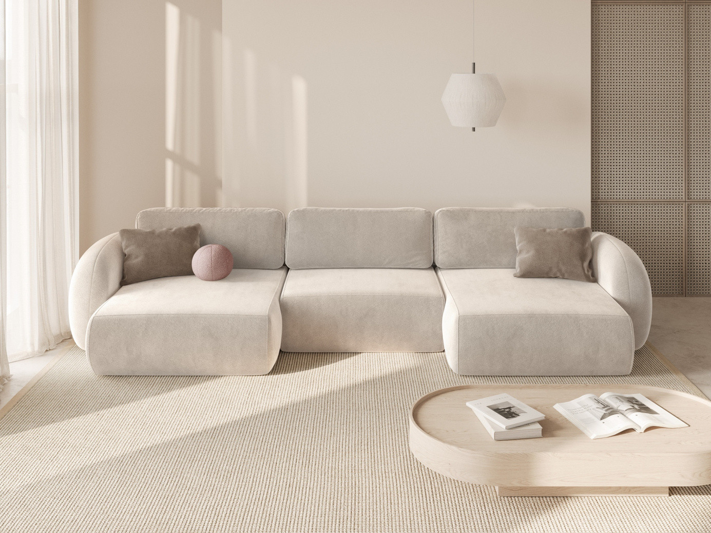 Cosmopolitan Design fløyelspanoramasovesofa med oppbevaring, "Tonale", 5-seter, 362 × 149 × 88 cm, Magic Velvet, svarte plastben
