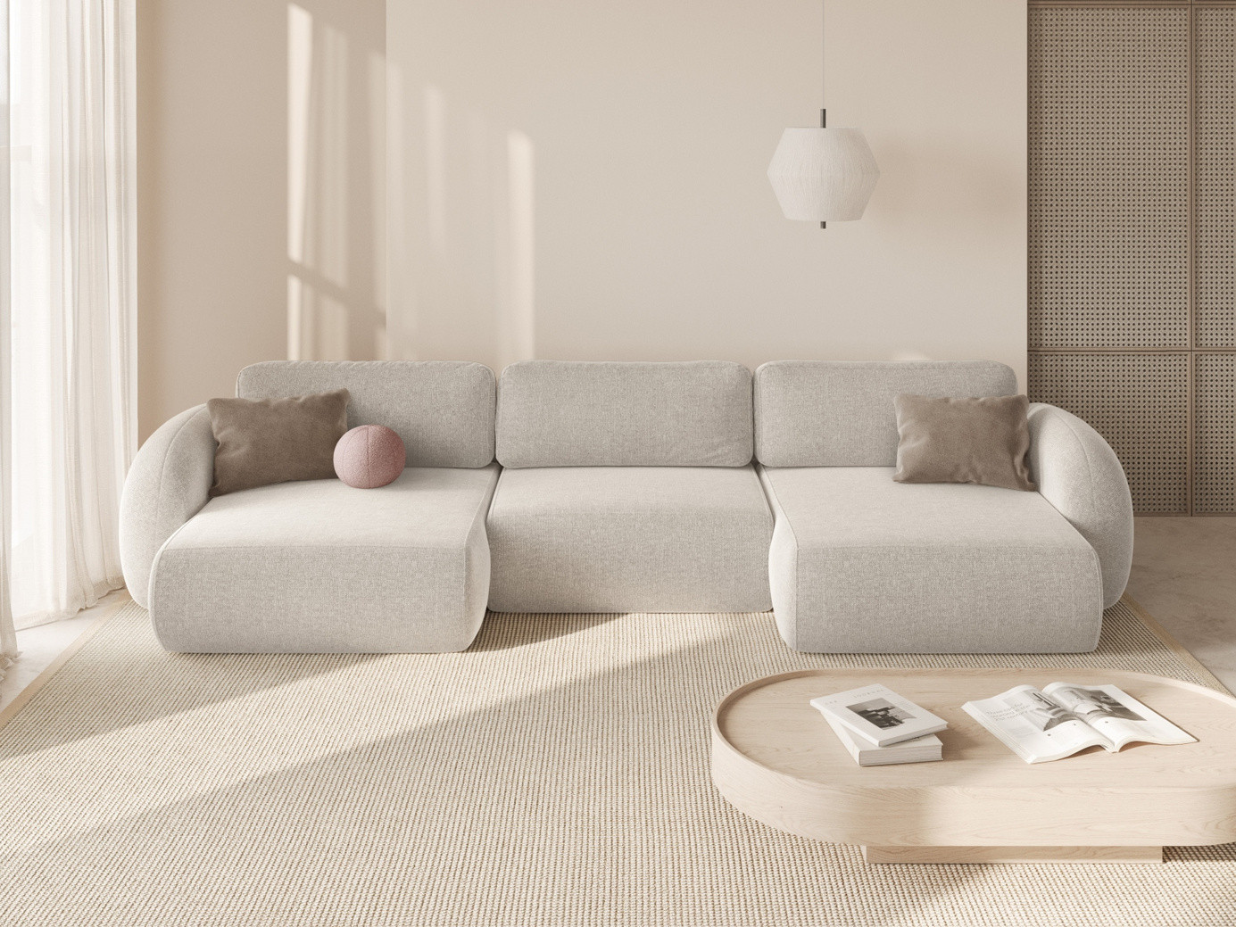 Cosmopolitan Design panoramasovesofa med oppbevaring, "Tonale", 5-seter, 362 × 149 × 88 cm, Eden 10, svarte plastben