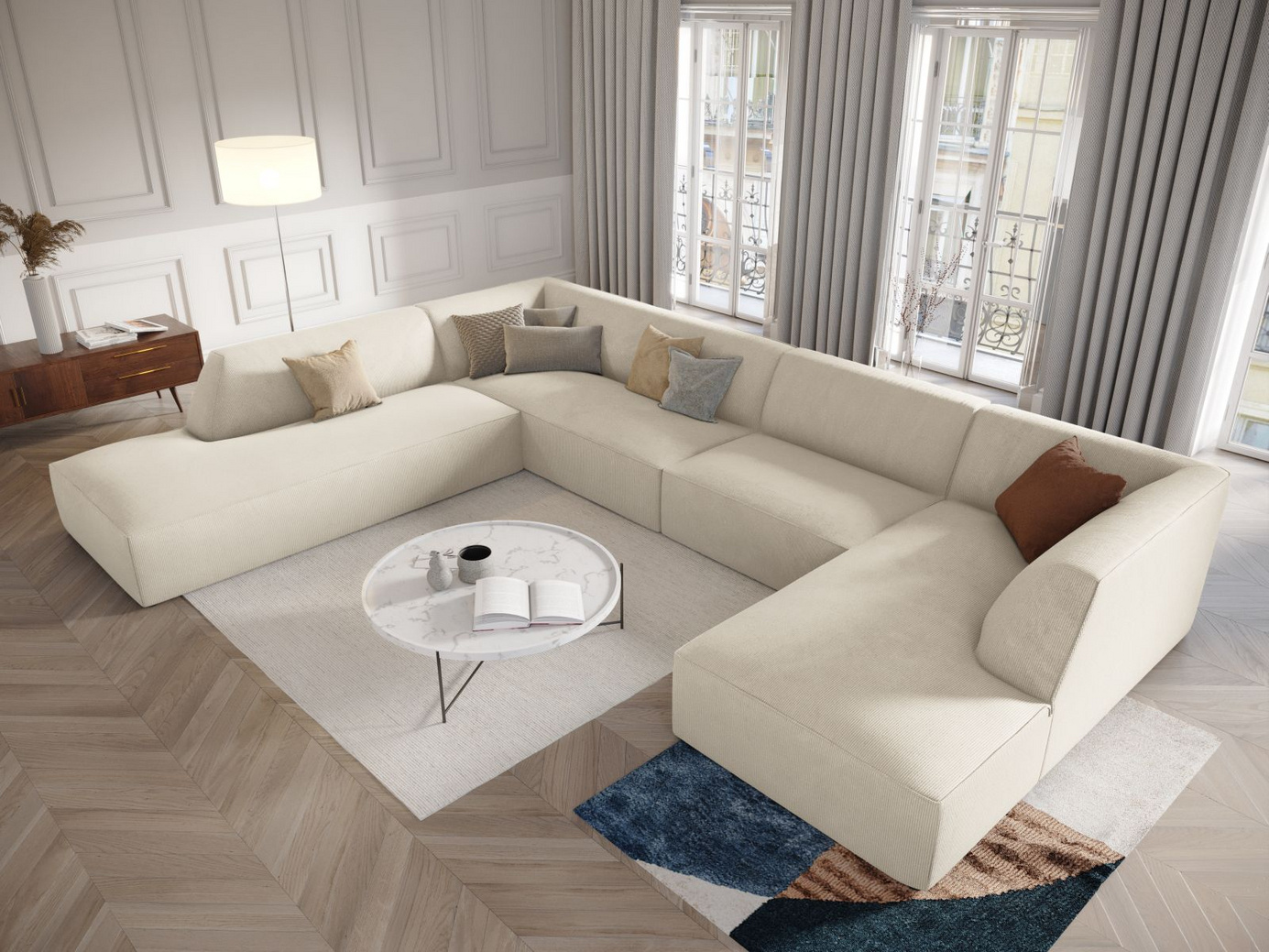Cosmopolitan Design venstrevendt panoramahjørnesofa, "Siena", 7-seter, 366 × 273 × 69 cm, Scala, svarte plastben