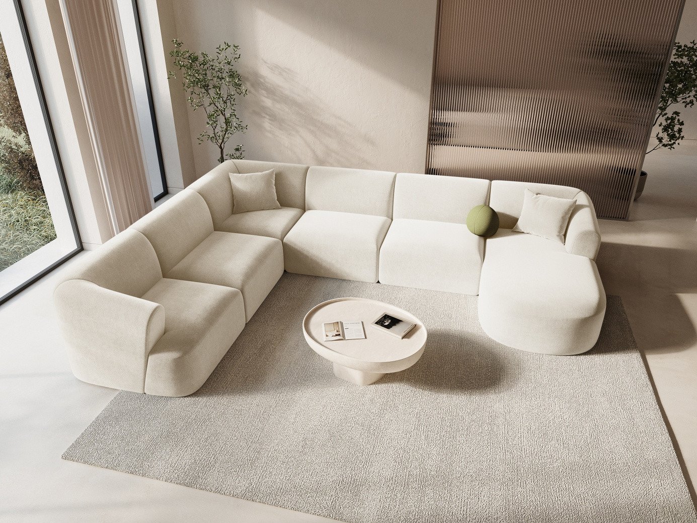 Cosmopolitan Design venstrevendt fløyelspanoramamodulhjørnesofa, "Campi", 7-seter, 330 × 255 × 70 cm, Vogue, svarte plastben