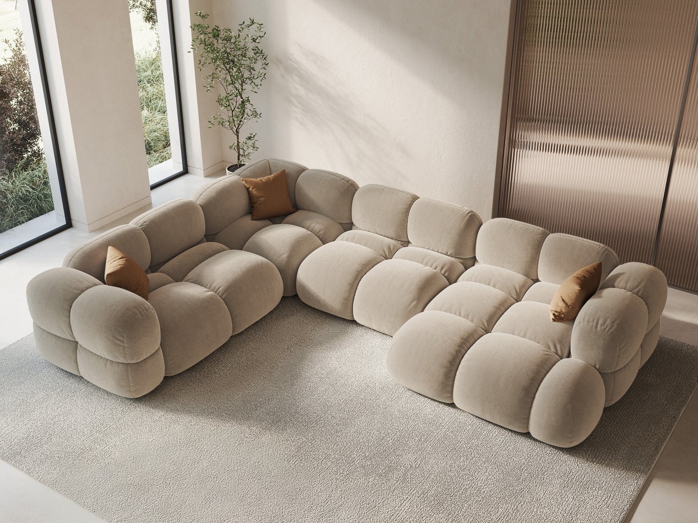 Cosmopolitan Design venstrevendt fløyelspanoramahjørnesofa, "Loretto", 5-seter, 345 × 250 × 68 cm, Vogue, svarte plastben