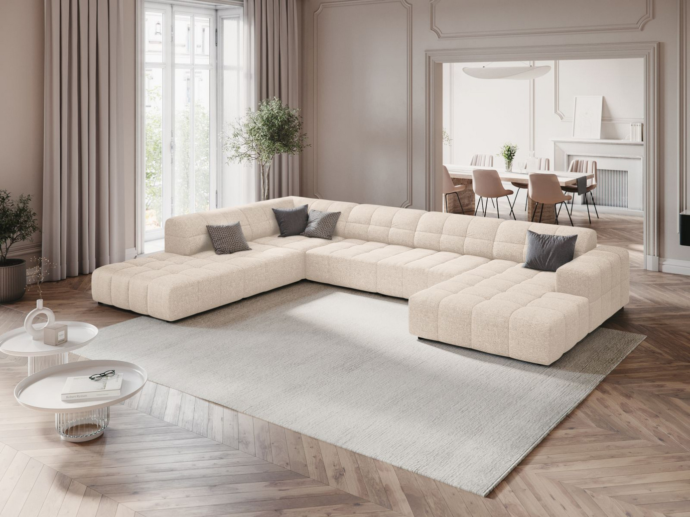 Cosmopolitan Design venstrevendt panoramahjørnesofa, "Chicago", 7-seter, 375 × 263 × 78 cm, Haga, svarte plastben