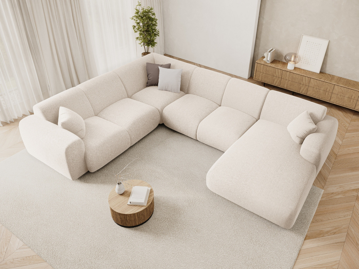 Cosmopolitan Design venstrevendt panoramahjørnesofa, "Nolio", 6-seter, 342 × 252 × 72 cm, Haga, svarte plastben