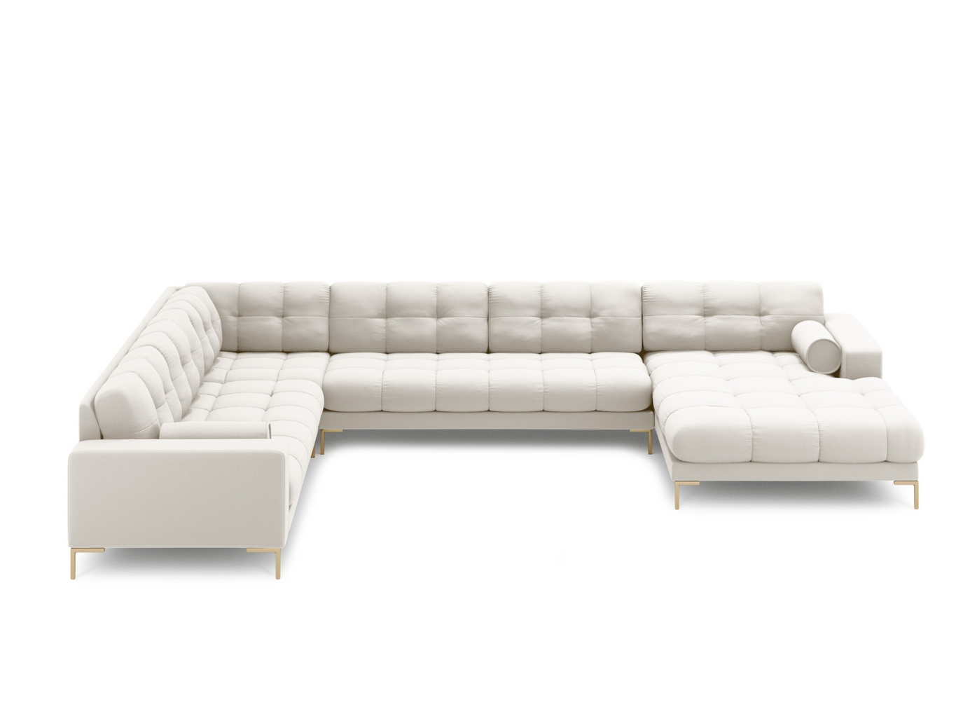 Cosmopolitan Design venstrevendt panoramahjørnesofa, "Bali", 7-seter, 327 × 256 × 75 cm, Neve, gullfargede metallben