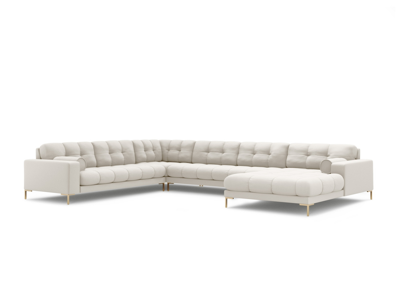 Cosmopolitan Design venstrevendt panoramahjørnesofa, "Bali", 7-seter, 327 × 256 × 75 cm, Neve, gullfargede metallben