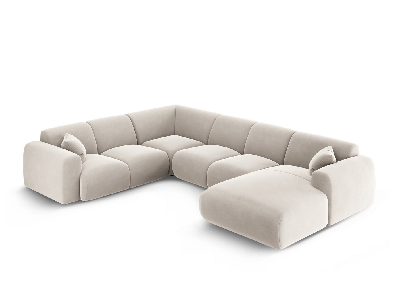 Cosmopolitan Design venstrevendt fløyelspanoramahjørnesofa, "Nolio", 6-seter, 342 × 252 × 72 cm, Casino, svarte plastben
