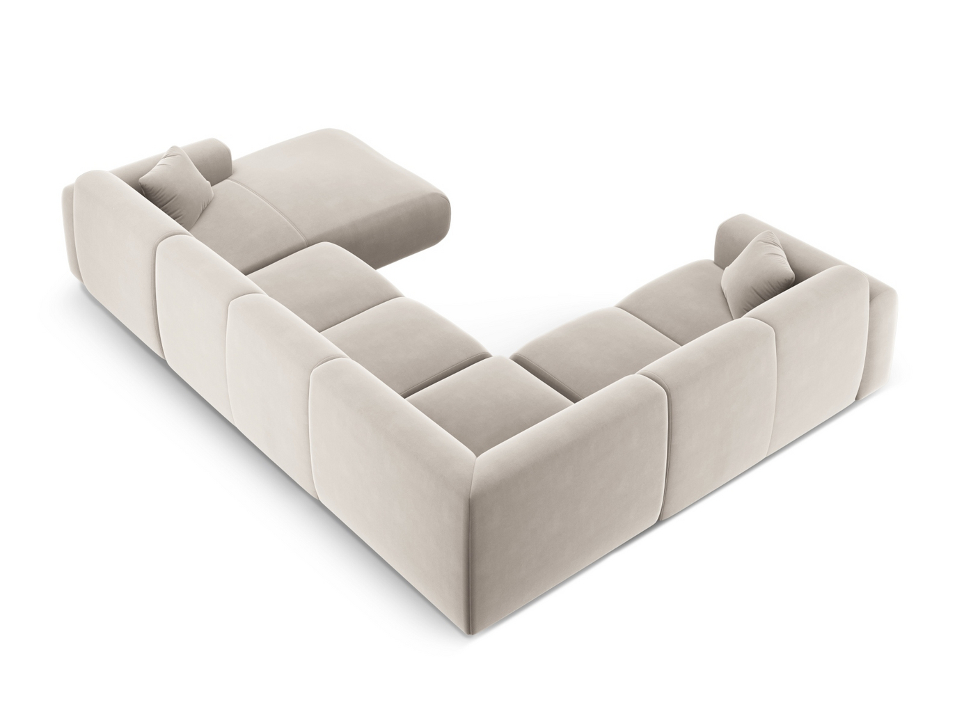 Cosmopolitan Design venstrevendt fløyelspanoramahjørnesofa, "Nolio", 6-seter, 342 × 252 × 72 cm, Casino, svarte plastben