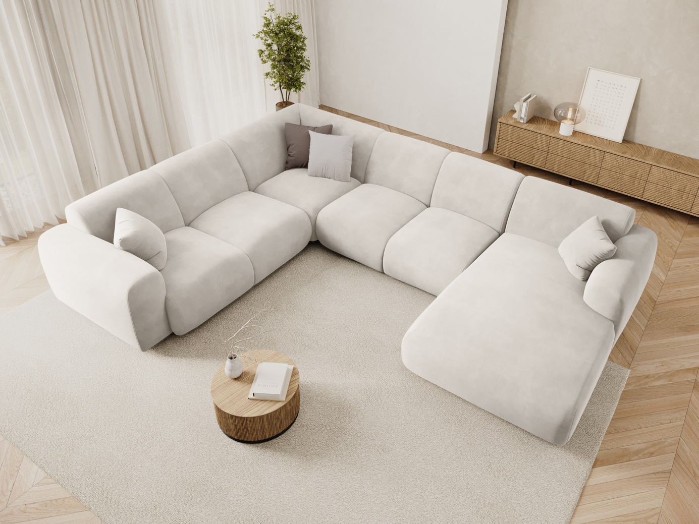 Cosmopolitan Design venstrevendt fløyelspanoramahjørnesofa, "Nolio", 6-seter, 342 × 252 × 72 cm, Casino, svarte plastben