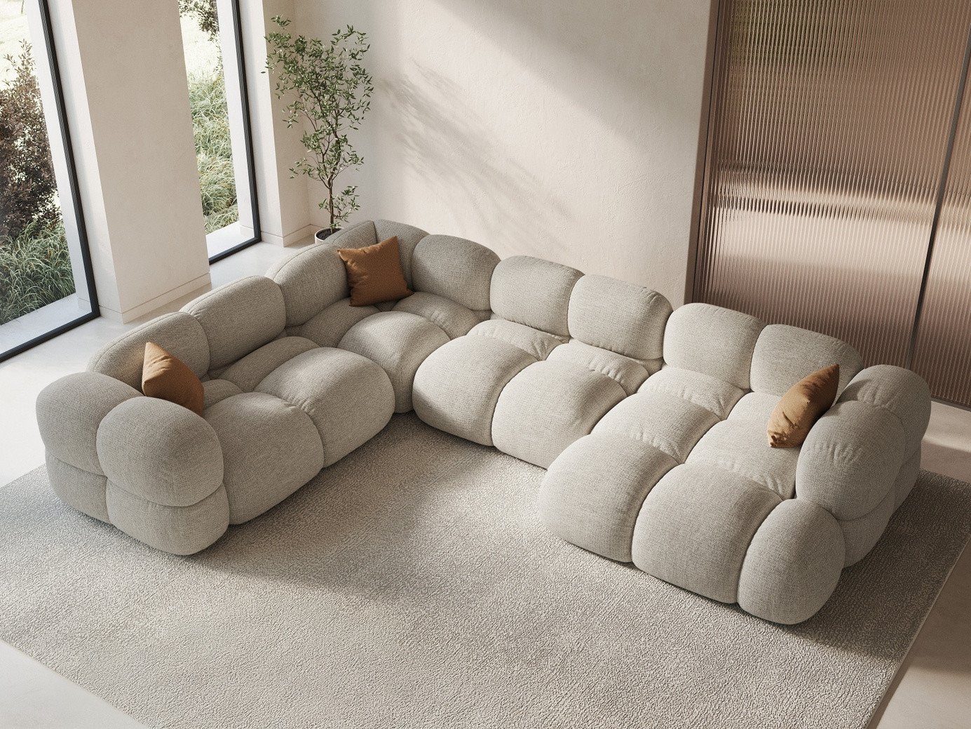 Cosmopolitan Design venstrevendt panoramahjørnesofa, "Loretto", 5-seter, 345 × 250 × 68 cm, Sorella, svarte plastben
