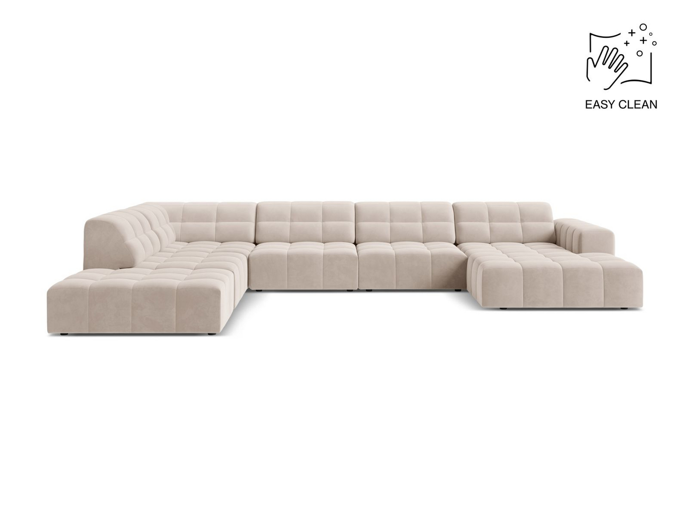 Cosmopolitan Design venstrevendt fløyelspanoramahjørnesofa, "Chicago", 7-seter, 375 × 263 × 78 cm, Venus, svarte plastben