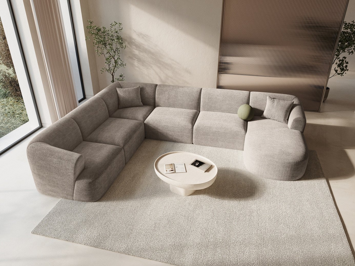Cosmopolitan Design venstrevendt panoramamodulhjørnesofa, "Campi", 7-seter, 330 × 255 × 70 cm, Lincoln, svarte plastben