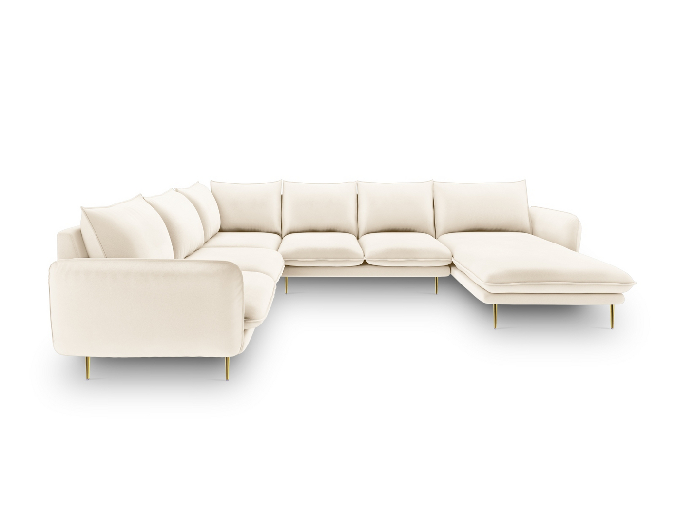 Cosmopolitan Design venstrevendt fløyelspanoramahjørnesofa, "Vienna", 7-seter, 330 × 235 × 95 cm, Bluvel, gullfargede metallben