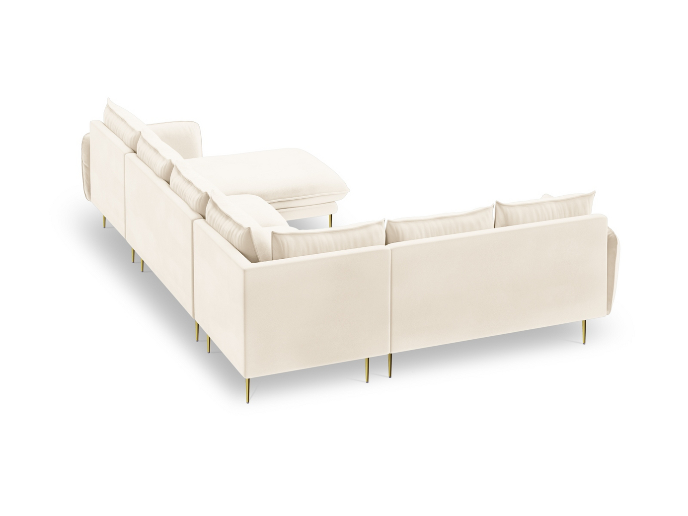 Cosmopolitan Design venstrevendt fløyelspanoramahjørnesofa, "Vienna", 7-seter, 330 × 235 × 95 cm, Bluvel, gullfargede metallben