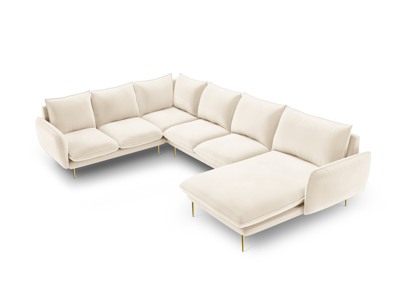 Cosmopolitan Design venstrevendt fløyelspanoramahjørnesofa, "Vienna", 7-seter, 330 × 235 × 95 cm, Bluvel, gullfargede metallben