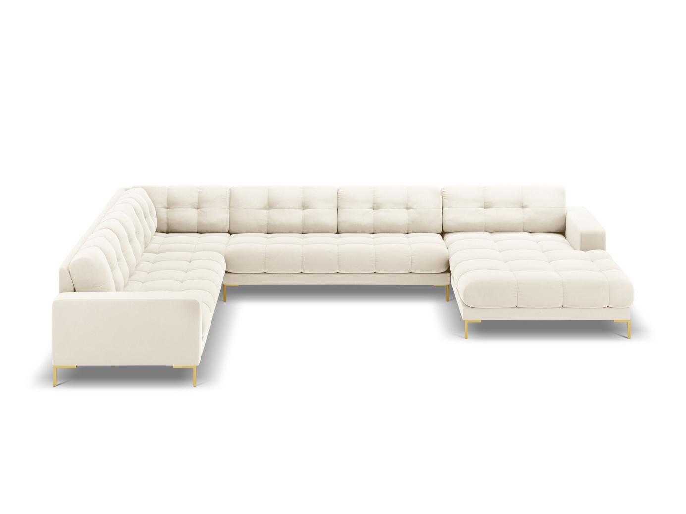 Cosmopolitan Design venstrevendt fløyelspanoramahjørnesofa, "Bali", 7-seter, 327 × 256 × 75 cm, Bluvel, gullfargede metallben