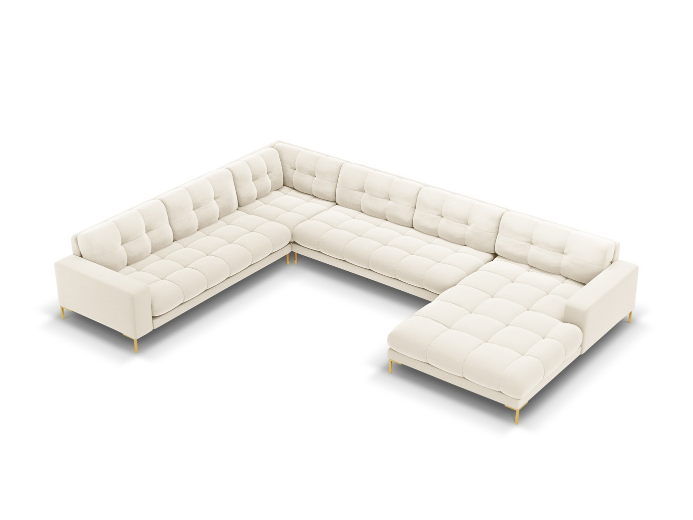 Cosmopolitan Design venstrevendt fløyelspanoramahjørnesofa, "Bali", 7-seter, 327 × 256 × 75 cm, Bluvel, gullfargede metallben