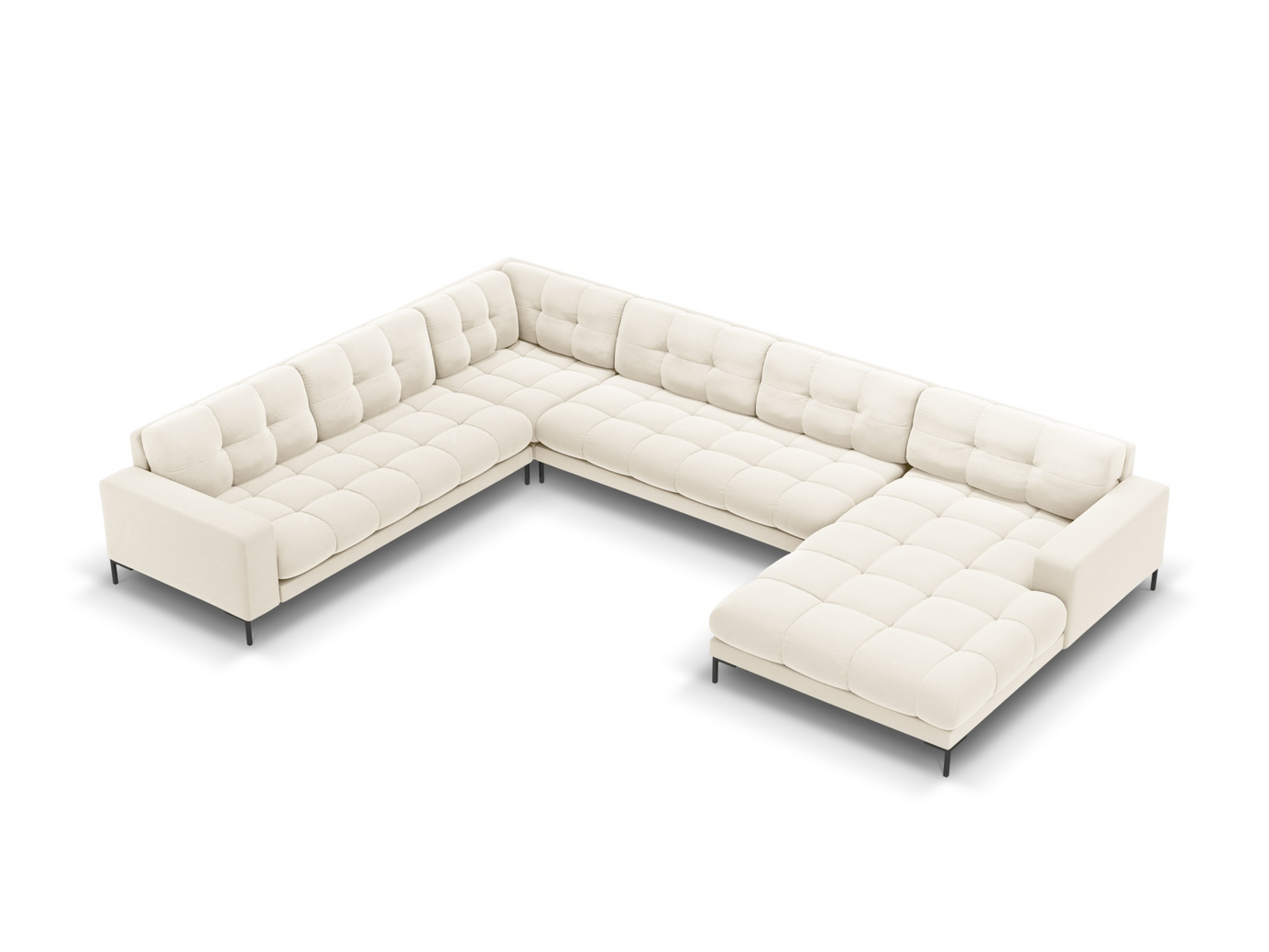 Cosmopolitan Design venstrevendt fløyelspanoramahjørnesofa, "Bali", 7-seter, 327 × 256 × 75 cm, Bluvel, svarte metallben