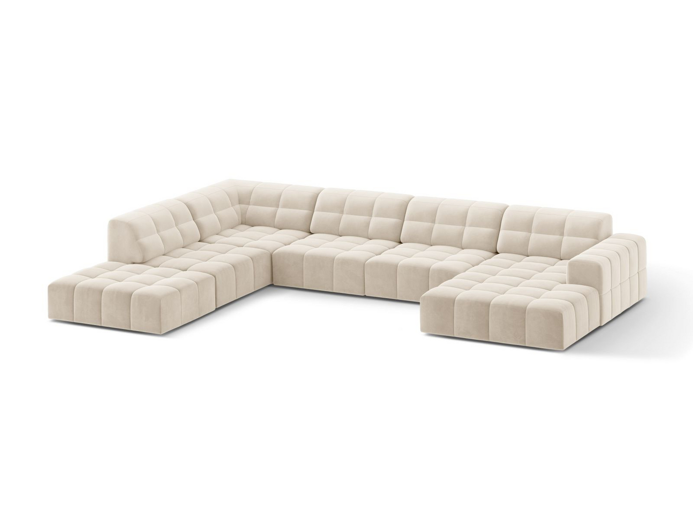 Cosmopolitan Design venstrevendt fløyelspanoramahjørnesofa, "Chicago", 7-seter, 375 × 263 × 78 cm, Bluvel, svarte plastben