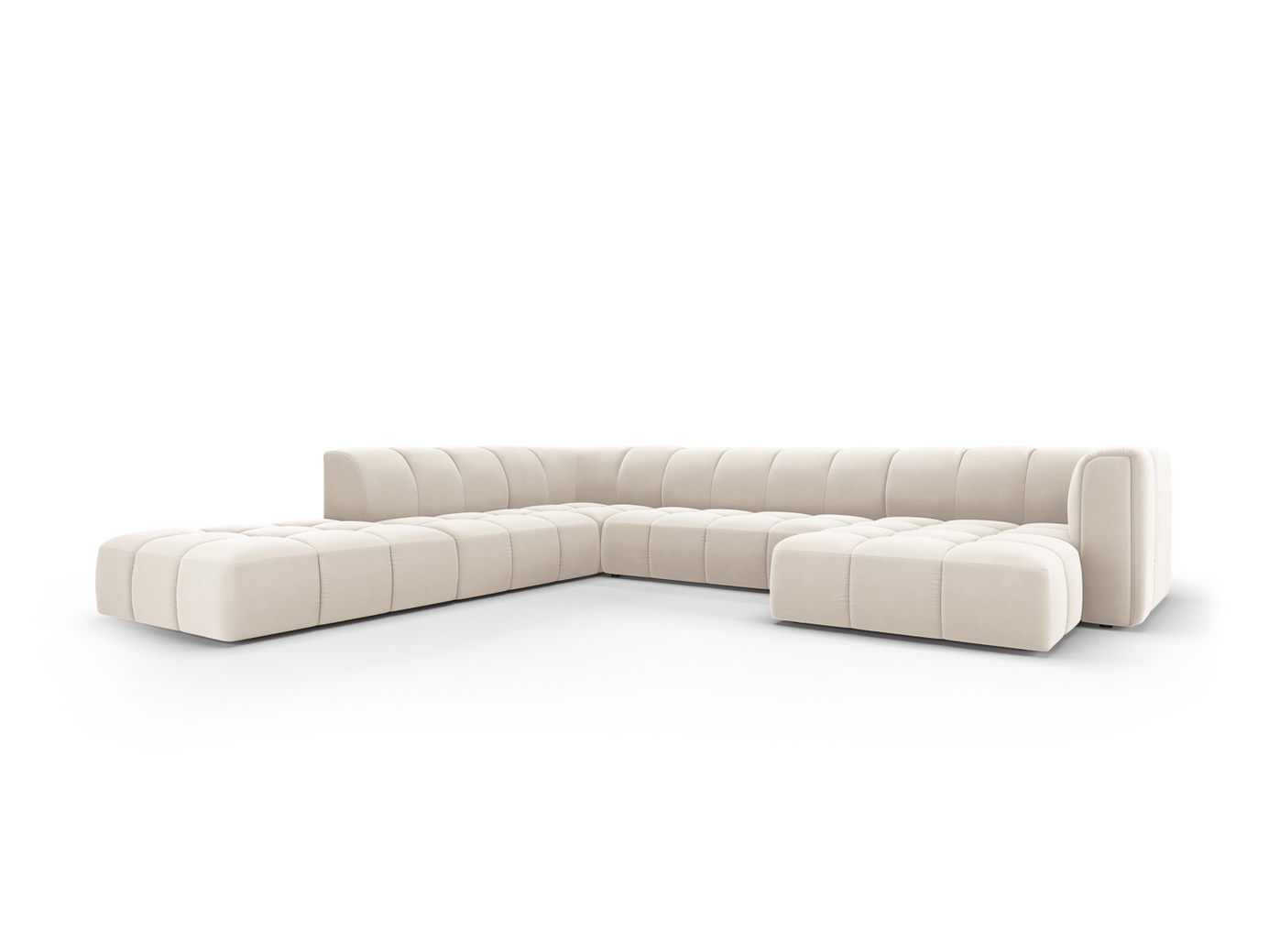 Cosmopolitan Design venstrevendt fløyelspanoramamodulhjørnesofa, "Moritz", 7-seter, 329 × 276 × 70 cm, Bluvel, svarte plastben