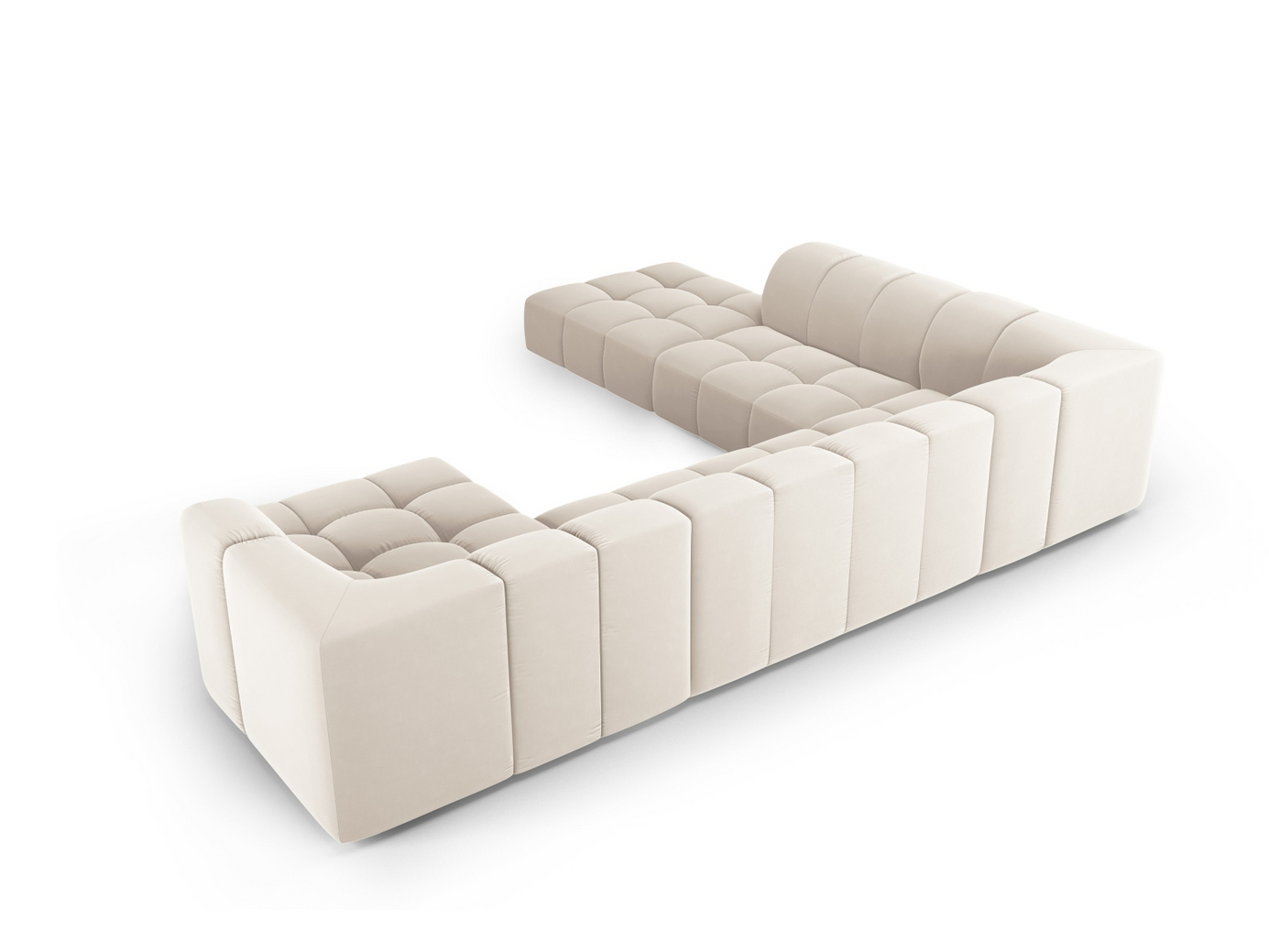Cosmopolitan Design venstrevendt fløyelspanoramamodulhjørnesofa, "Moritz", 7-seter, 329 × 276 × 70 cm, Bluvel, svarte plastben